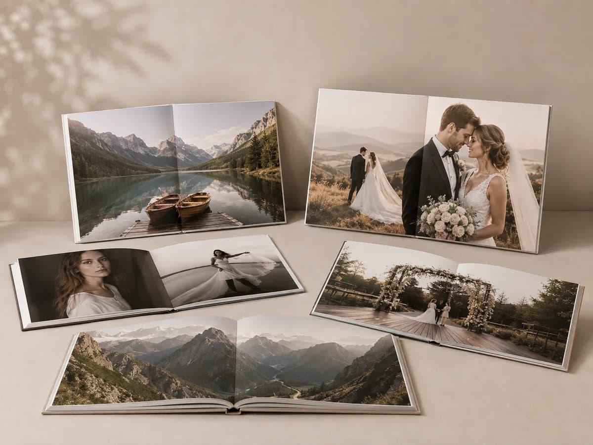 Fotolibri aperti con stampe di paesaggi e servizi di matrimonio