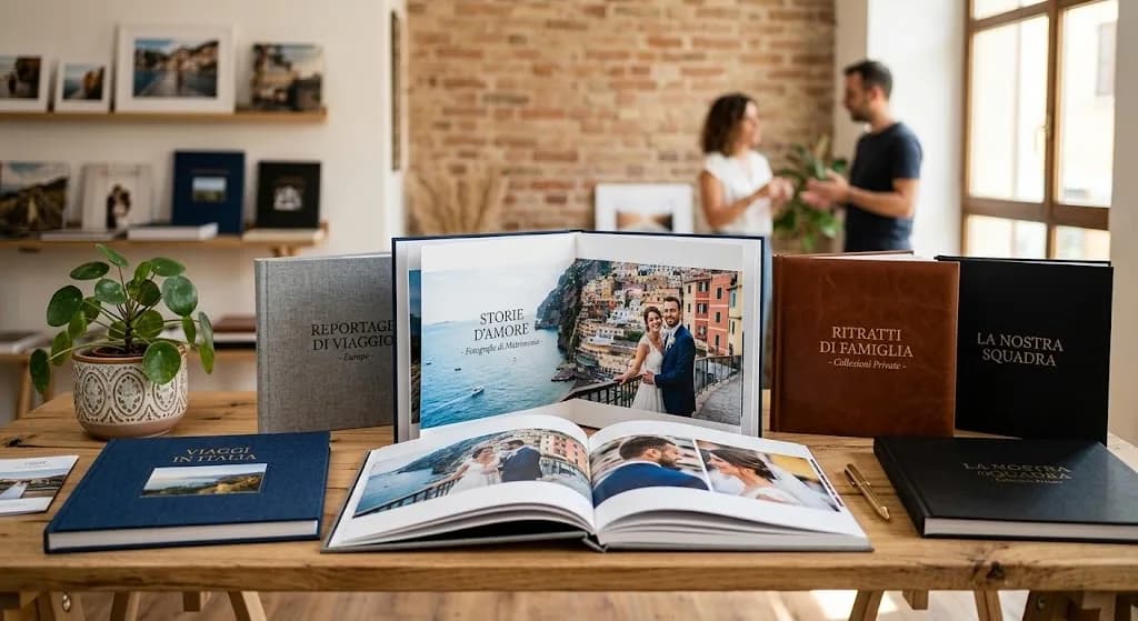 Fotolibri aperti con stampe di paesaggi e servizi di matrimonio