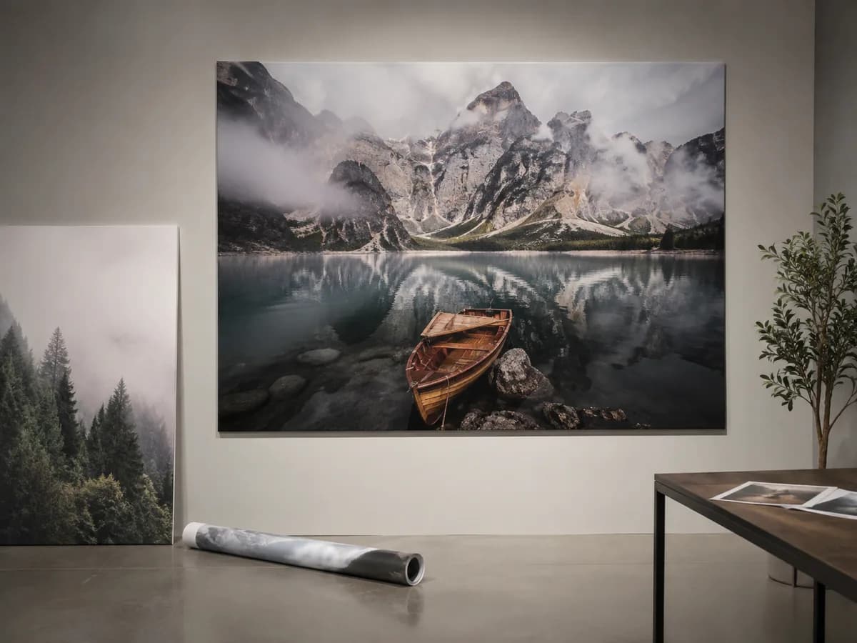 Gigantografia di un lago di montagna appesa a una parete di uno spazio espositivo